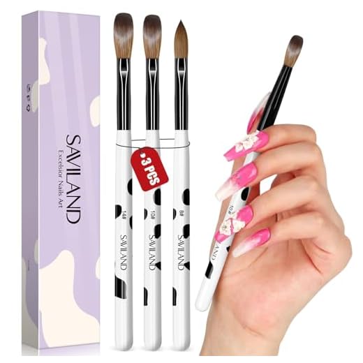 Saviland 3pcs Acrylic Nail Brush Set, Size 8/10/14 Kolinsky Acrylic Nail Brushes for Acrylic Application, Acrylic Powder Nail Art Extension with Black & White Handle for Beginner & Professional