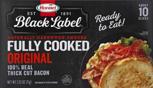 Image of HORMEL BLACK LABEL Thick Cut, Fully Cooked Bacon for Ready to Eat Meals, No Refrigeration Needed, Gluten-Free, 2.52 oz Cooked (Pack of 3)