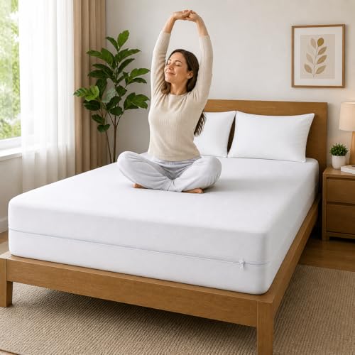 Image of 100% Waterproof Single Size Zipper Mattress Encasement - Ultra Soft & Breathable Six-Sided Bed Cover, Dustproof Noiseless Fitted Design, 78x36 Inch (6x6 Feet), Fits Up to 6 Inch Mattress, White