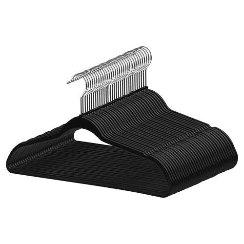 Quality Hangers 50 Pack Slim Plastic Hangers for Clothes - 16.5" Won't Crease Your Clothes, Heavy Duty Non-Velvet Black Hangers 360° Swivel Chrome Hook Non Slip Notches Dresses Coats Shirts Jackets by Quality Hangers - Used condition - US$22.94