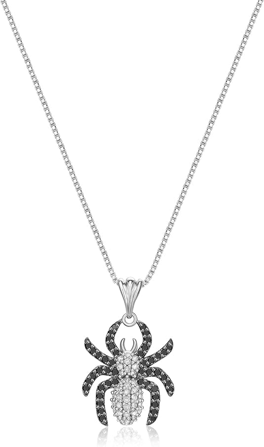 Real 925 Sterling Silver 14K White Gold Plated Round Cut Black & White Diamond Spider Pendant Necklace Halloween Gifts for Women