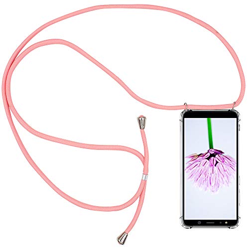 CLM-Tech Carcasa con Cuerda para Colgar Compatible con Samsung Galaxy A6 Plus 2018 - Funda Silicona Transparente con Cordon para Llevar en el Cuello, Rosa