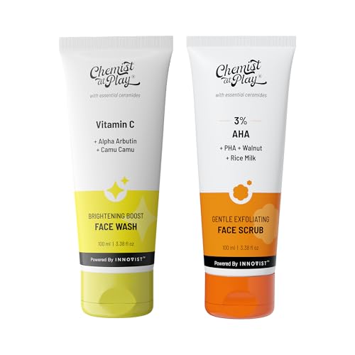 Image of Chemist At Play 30x Vitamin C Face Wash | Cleans Oil & Dirt + Gentle Exfoliating Face Scrub with Mandelic Acid & Walnuts | Fades Dark Spots | Improves Radiance | Prevents Acne & Removes Excess Oil | For Men & Women | (100ml each) | Pack of 2