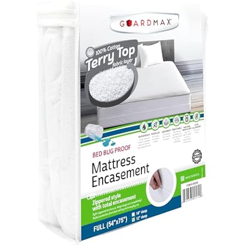 Full Mattress Protector with Zipper by Guardmax. Terry Cotton Waterproof & Bed Bug Proof Mattress Encasement Cover