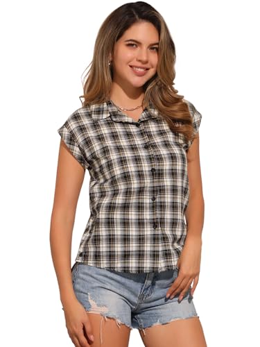 Chemise à carreaux col roulé Allegra K avec manches longues et boutons chic pour femme
