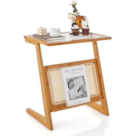 COSTWAY Bamboo Glass Side Table with Rattan Shelf Cover