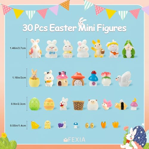 Image of FEXIA Easter Bunny Miniature Figurines 30Pcs Mini Resin Figurines Rabbit & Gnome Miniatures, Perfect for Easter Party Gifts Dollhouse Fairy Garden Landscape Home Decor Egg Stuffers DIY Crafts Decor