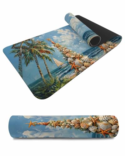 Debedcor Heat Proof Table Pads Waterproof Decorative, Merry Christmas Non-Slip Table Countertop Protector, Coastal Beach Shell Xmas Trees Insulation Mat for Dining Room, 48 x 12 Inches