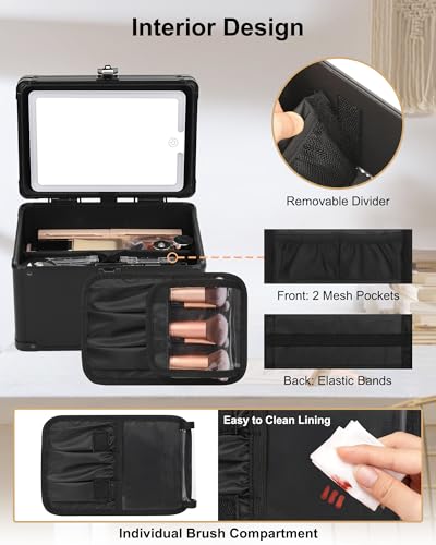 Image of Relavel Makeup Bag with LED Mirror, Travel Cosmetic Train Case with 3 Colors Light up Mirror, Portable Makeup Aritst Storage Organizer Box with Brush Holder, Birthday Gifts for Women and Girls, Black