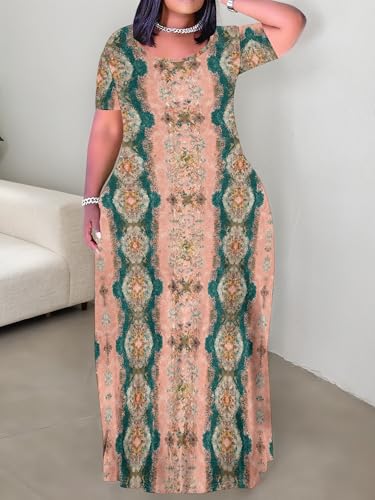 Image of PinkPatty Plus Size Maxi Dress for Curvy Women Crew Neck Long Sleeves Casual Dress Vacation Sundresses with Pockets
