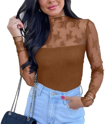 PINKMSTYLE Women's Long Sleeve Lace Bodysuit High Neck Sexy Tops for Going Out, Concert, Date Night Outfits