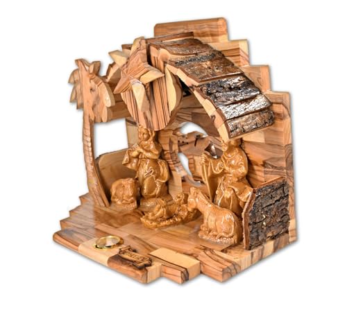Generic Wooden Nativity Set with Bark Roof Made of Olive Wood in The Holy Land - Christmas Nativity for Home Décor - Christmas Nativity Scene Set