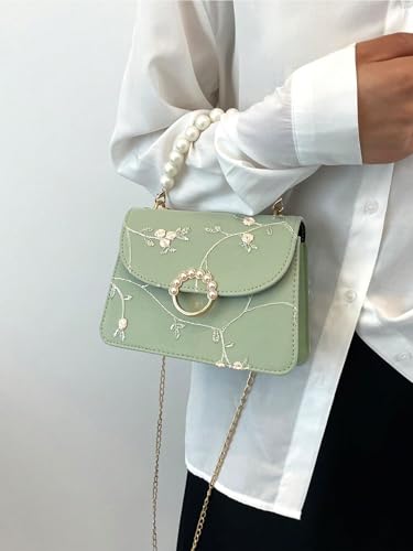 Women's Floral Pearl Flap Shoulder Handbags Top Handle Square Satchel Purse with Chain Strap3
