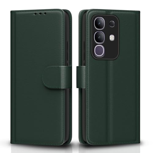Image of Amazon Basics Flip Cover for Vivo T4x 5G / iQoo Z10x 5G Leather Finish | Wallet Stand and Shock Proof | Inside TPU with Card Pockets | Complete Protection Flip Case(Green)