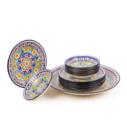 Rischtan Keramik Tafelservice Plov-Set KaraKalam Blau-Gelb | Handbemalt Usbekische Servierplatte | Lagan + Teller + Piala | Ljagan Orientalisches Geschirr für 6 Personen | сервиз плов Ляган (13)