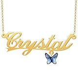 AOBOCO Personalized Name Necklace Sterling Silver Customized Nameplate Butterfly Pendant Crystal, Jewelry Collection for Women Best Friends(Gold-plated-Silver)