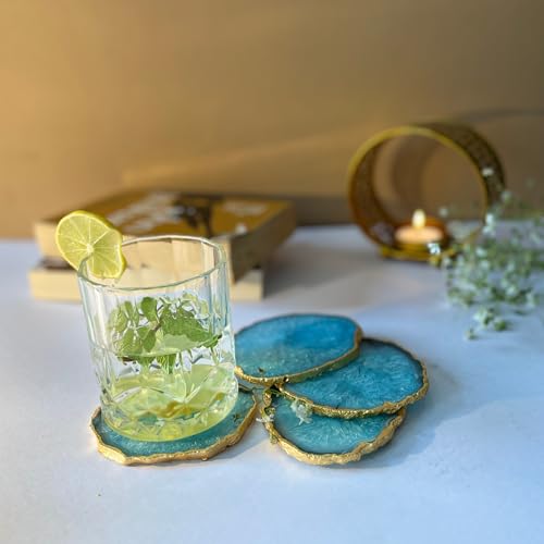 Image of Natural Agate Stone Tea Coasters Set | Premium Stone Coasters for Tea, Coffee & Glass | Heat Resistant Coasters for Dining Table, Office Desk & Home Decor | Pack of 4 | Color -Turquoise