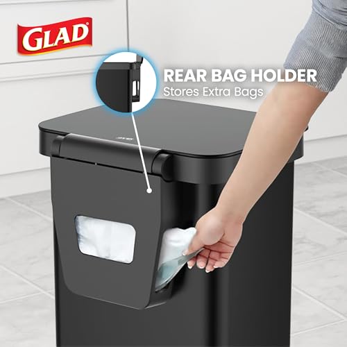 Image of Glad Stainless Steel Step Trash Can, Series 2 with Clorox Protection - Large Black Kitchen Garbage Bin with Soft Close Lid, Foot Pedal and Waste Bag Roll Holder, 13 Gallon