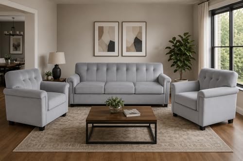 Image of FURNY Woodswave 5 Seater 3+1+1+2 Puffy Sofa Set for Living Room in Premium Velvet Finish (Light Grey) Durable & Comfortable Ideal for Living Rooms