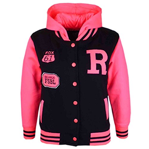 Kids Jacket Girls Boys R Fashion Baseball Hooded Jacket Varsity Hoodie 2-13 Year Black/Neon Pink