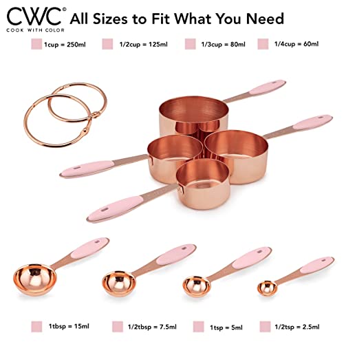 Cook With Color 8 Piece Copper Measuring Cups And Measuring Spoon Set Stainless Steel With Soft Touch Silicone Handles, Nesting Liquid Or Dry Measuring Cups Set (Pink) #TOP1