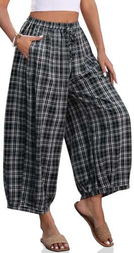 Image of TARSE Women's Plaid Cotton Linen Wide Leg Pants with Pockets