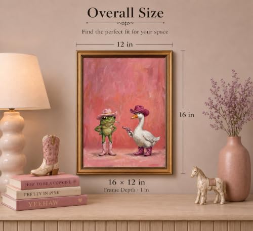 Image of Gold Framed 3D Textured Wall Art, Funny Pink Cowboy Frog and Duck Canvas Prints, Quirky Dopamine Western Animal Pictures Decor, Eclectic Cowgirl Artwork for Bathroom Dorm Bedroom 12x16inch