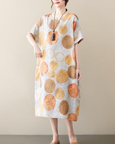 Image of LUZU JUNU Women's Summer Baggy Plus Size Loose Cotton Linen Long Boho Beach Dress with Pockets