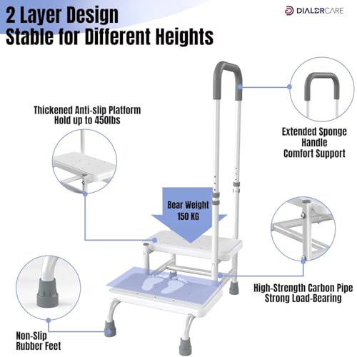 Image of DIALDRCARE Safety Step Stool with Handle - Lightweight, Sturdy 2-Step Standing Aid for Home, Bathroom, and Bedroom Use (White)