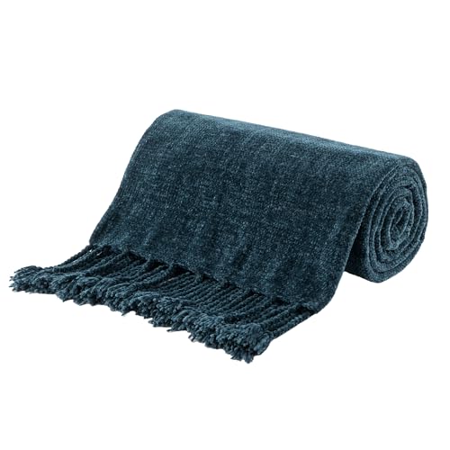 BATTILO HOME Navy Blue Chenille Throw Blanket for Couch, Soft Cozy Textured Knit Throw Blanket with...