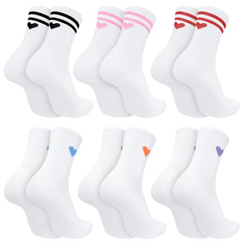 Zourglow 6 Pares Calcetines Deportivos para Mujer, Transpirables y Antitranspirantes Calcetines Altos Corazón EU36 42, Calcetines Algodón de Tenis para Deporte Correr Senderismo