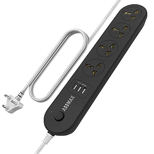 ADDMAX Extension Cord with USB – 4 Socket Power Strip with 2 USB Ports | 1.8 Meter Heavy Duty Cord | 10A 220V Multi Plug Extension Board | Fire Flame Proof Surge Protector for Home & Office – Black