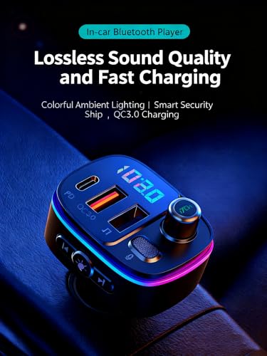 Image of TISONNY Bluetooth FM Transmitter for Car, with Dual Fast Charging (QC3.0 & PD 20W), Qualcomm 5.0 Chip, Hands-Free Calling, Support USB /TF Card Playback, Plug and Play for All Cars