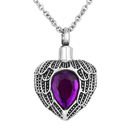 SexyMandala Urn Necklace Ashes Tear Drop Birthstone Angel Wing Urn Pendant Cremation Memorial Jewelry Purple