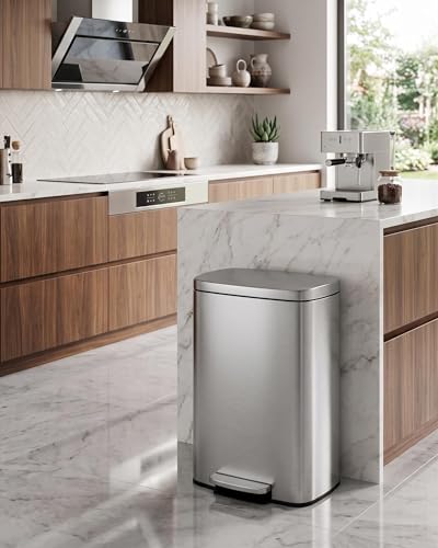 Image of Garvee 13 Gal / 50 L Step-On Trash Can, Stainless Steel Kitchen Garbage Can with Soft Close Lid, Removable Inner Bucket & Rear Handle for Easy Transport
