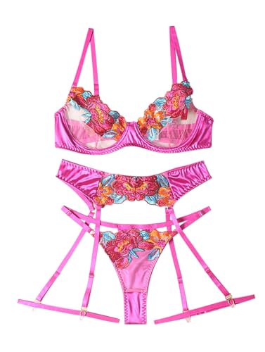 Image of Lilosy Sexy Leaf Floral Embroidered Mesh Sheer Women Underwire Push Up Lingerie Set