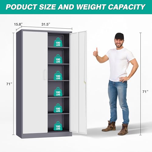 Image of Metal Storage Cabinet with 2 Doors and 6 Shelves,Gray White Metal Cabinet with Lock,71 inch Lockable Garage Storage Cabinets,Locking File Cabinet,Steel Tool Cabinets for Home,Office,Garage,Shop,School