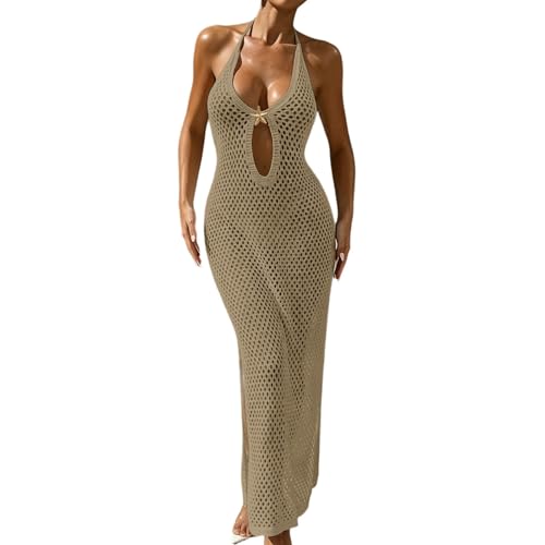 Genérico Vestido de Punto Elegante con Cuello, Espalda Descubierta, Abertura y Adornos, Pareo de Punto Midi para Playa, Moderno