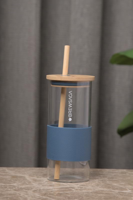 BREW SAGA Glass Sipper Tumbler with Lid Straw Rubber Sleeve for Hot/Cold Tea Coffee Juice Glass Tumbler(300 ml_Blue) (B0D46XBXG6) Amazon Price History, Amazon Price Tracker