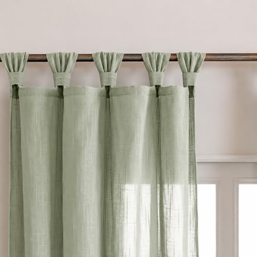 Image of THE LINEN COMPANY Cotton Linen Sheer Window Curtain with Twist Tab, Light Filtering Linen Textured Curtain for Living Room, Bedroom & Office, 2 Piece, Avocado Green, 4 FT x 4.5 FT