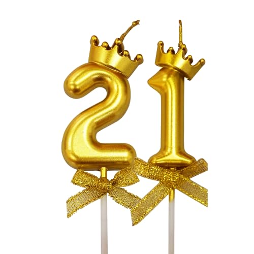 Image of 2 Pc 21 Number Candle for Birthday Cake Metallic Gold Number Candle with Crown on Top for Anniversary Cake Topper 21st Birthday Cake Decoration (Pack of 2, Gold).