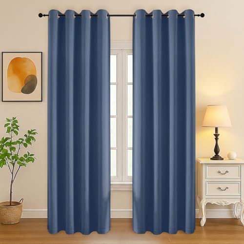 Image of Simplebrand Denim Curtains for Bedroom Living Room 90 Inches Long 2 Panels Set, Room Darkening Thermal Insulated Curtains & Drapes, Solid Grommet Noise Reducing Window Treatment, W50 x L90 Inch