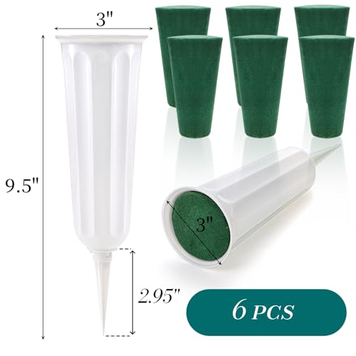 Image of Goaste 6 Pack Cemetery Vases with Spikes, Memorial Floral Vases with Foam Inserts, Grave Flower Holder Cones for Outdoor Use, Lawn Headstone Graveside Decoration, Fresh or Artificial Flowers, White