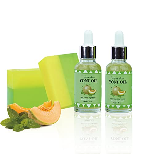 Yoni Soap Bars Yoni Wash & Yoni Essential Oil Set Of 4, 2 * 5.29oz Handmade Vagina Soap Feminine Wash, 2 * 30ml All Natural Feminine Oil, Ph Balance for Women Remove Odor Vaginal Deodorants, Honeydew
