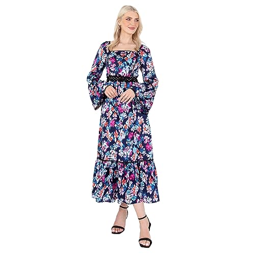 Robe fleurie bohème à manches cloche et col carré style empire coupe mi-longue évasée