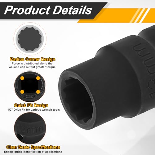 Image of HARFINGTON 2pcs 1 /2 inch Drive x 13mm Shallow Impact Socket 12-Point Metric CR-V Steel Spindle Nut Impact Flip Sleeve for Home Auto Nuts Bolts Repair