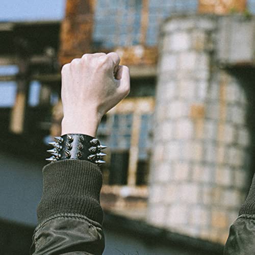 MILAKOO Unisex Black Metal Spike Studded Punk Rock Biker Wide Strap Leather Bracelet Chain Wristband Adjustable2