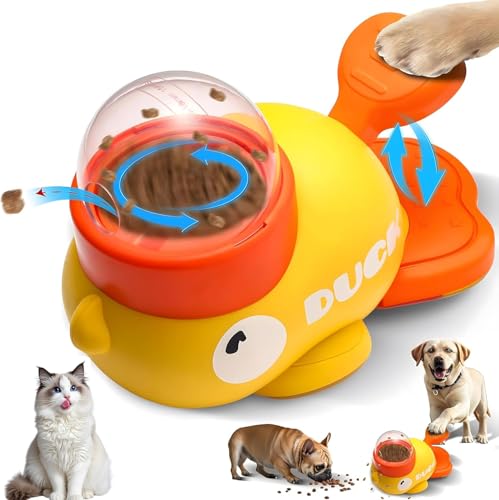 Interactive Dog Treat Dispenser Toy Duck Shape Puzzle Feeder with Press Button and Rotating Design Yellow and Orange Slow Feeding Game for Dogs and Cats