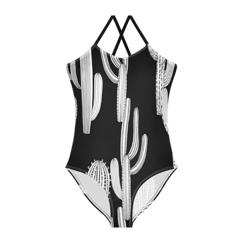 Cacti Black White Unique Girls' Swimwear with Adjustable Shoulder Strap, Beach Swimsuit, 3-10