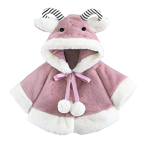 Baby Girls Fleece Hooded Cloak Thick Fluff Button Long Sleeve Cow Shawl Coat Winter Warm Windproof Tie Outwear